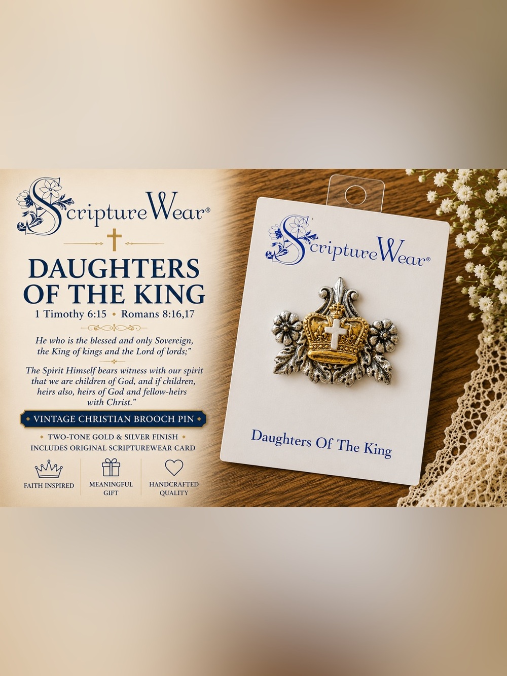 NWT ScriptureWear “Daughters of the King” Christian Crown Cross Brooch Pin